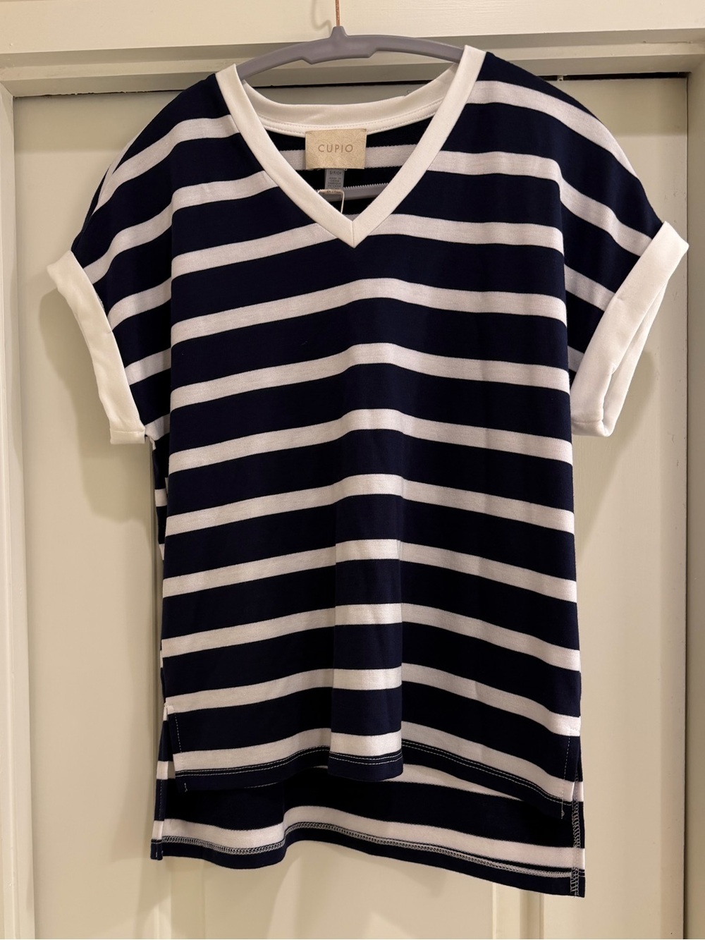 Cupio Navy & White Striped V-Neck Short Sleeve Tee
